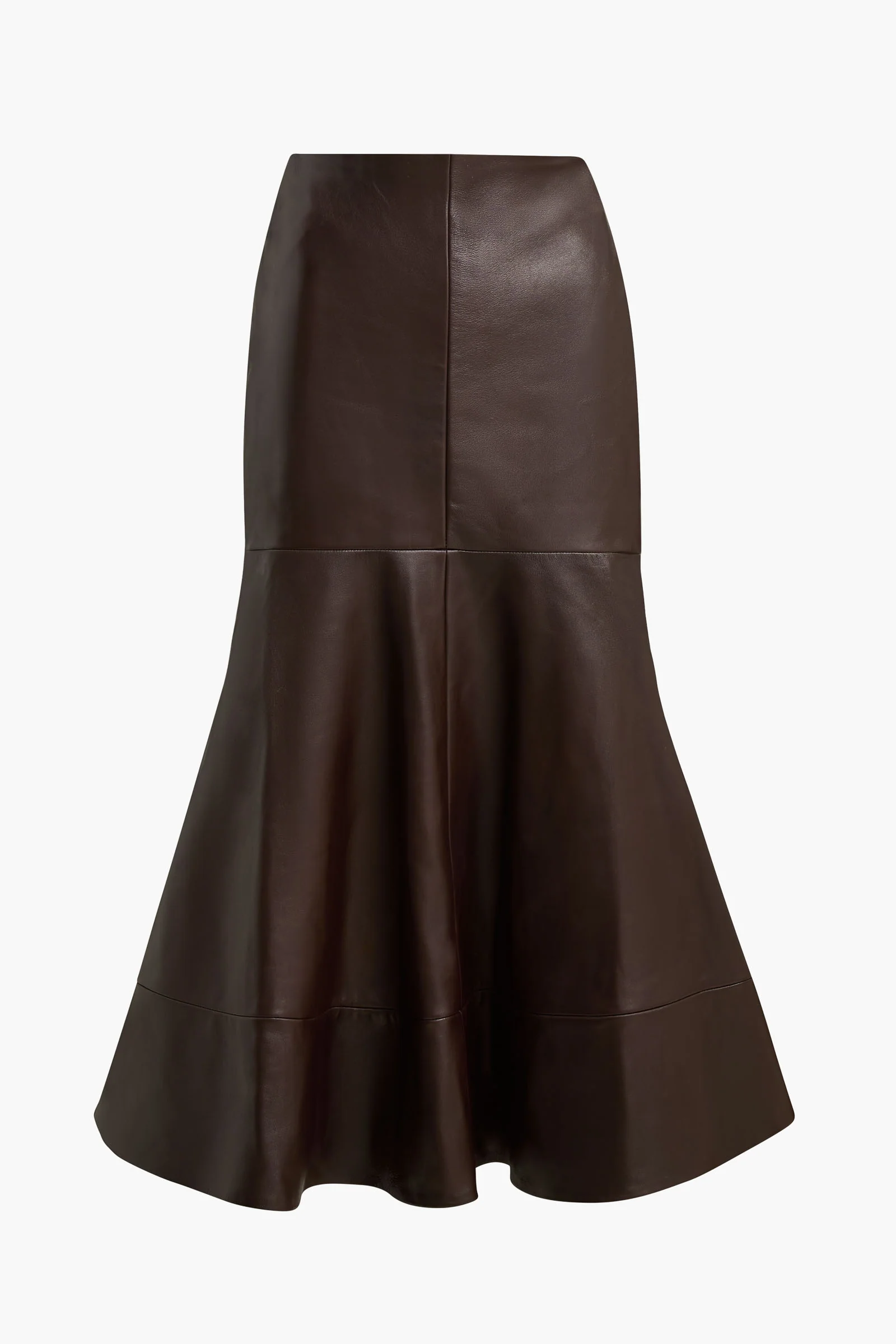 The Preston Leather Skirt with Flared Hem in Chocolate Brown